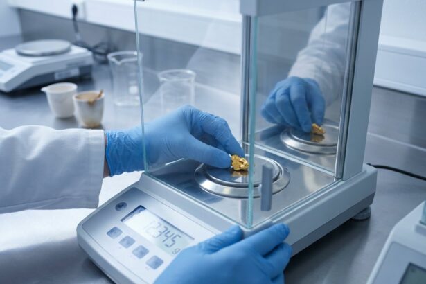 Gold sample on a laboratory balance