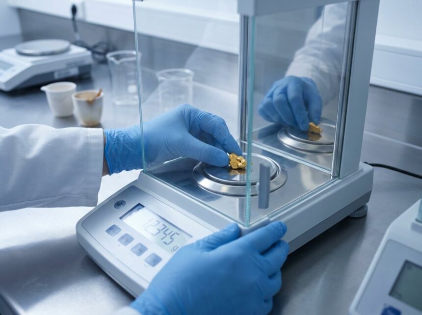 Gold sample on a laboratory balance