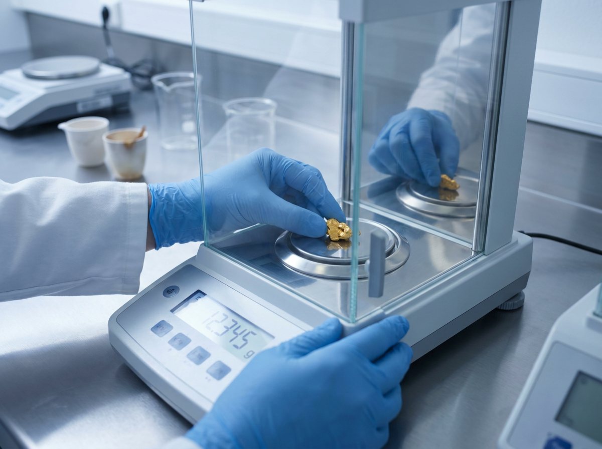 Gold sample on a laboratory balance