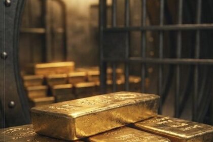 Stacked gold bars in a vault