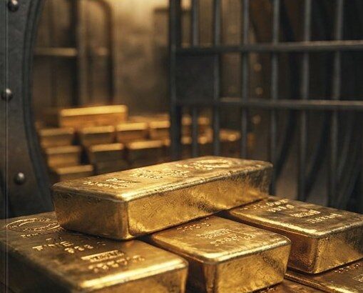 Stacked gold bars in a vault