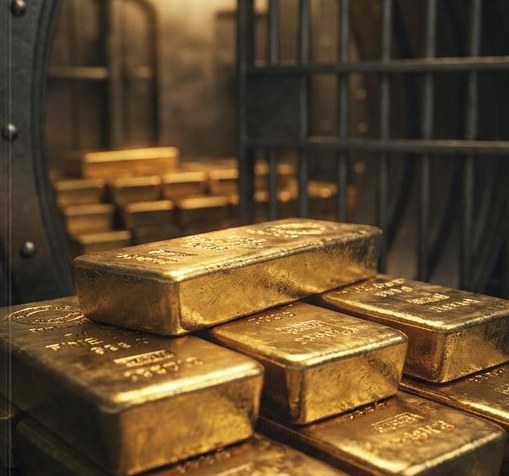 Stacked gold bars in a vault