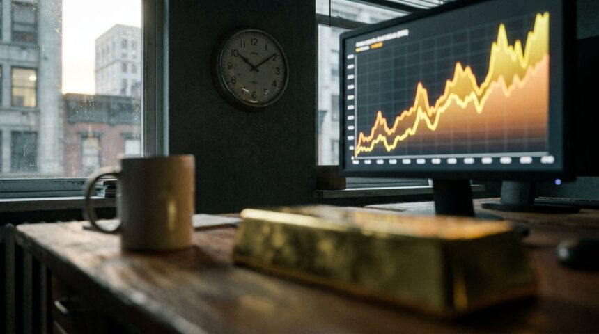 Clock beside a gold price chart