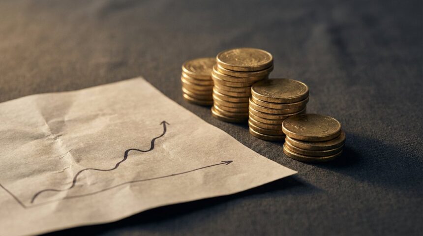 Stacked gold coins beside a rising chart