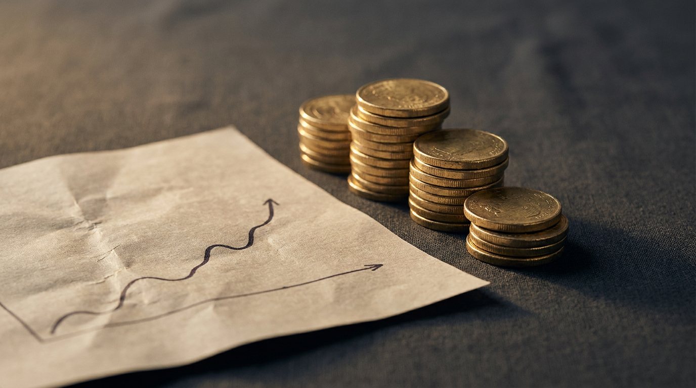 Stacked gold coins beside a rising chart