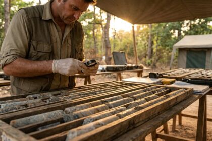 Geologist examining drill core samples