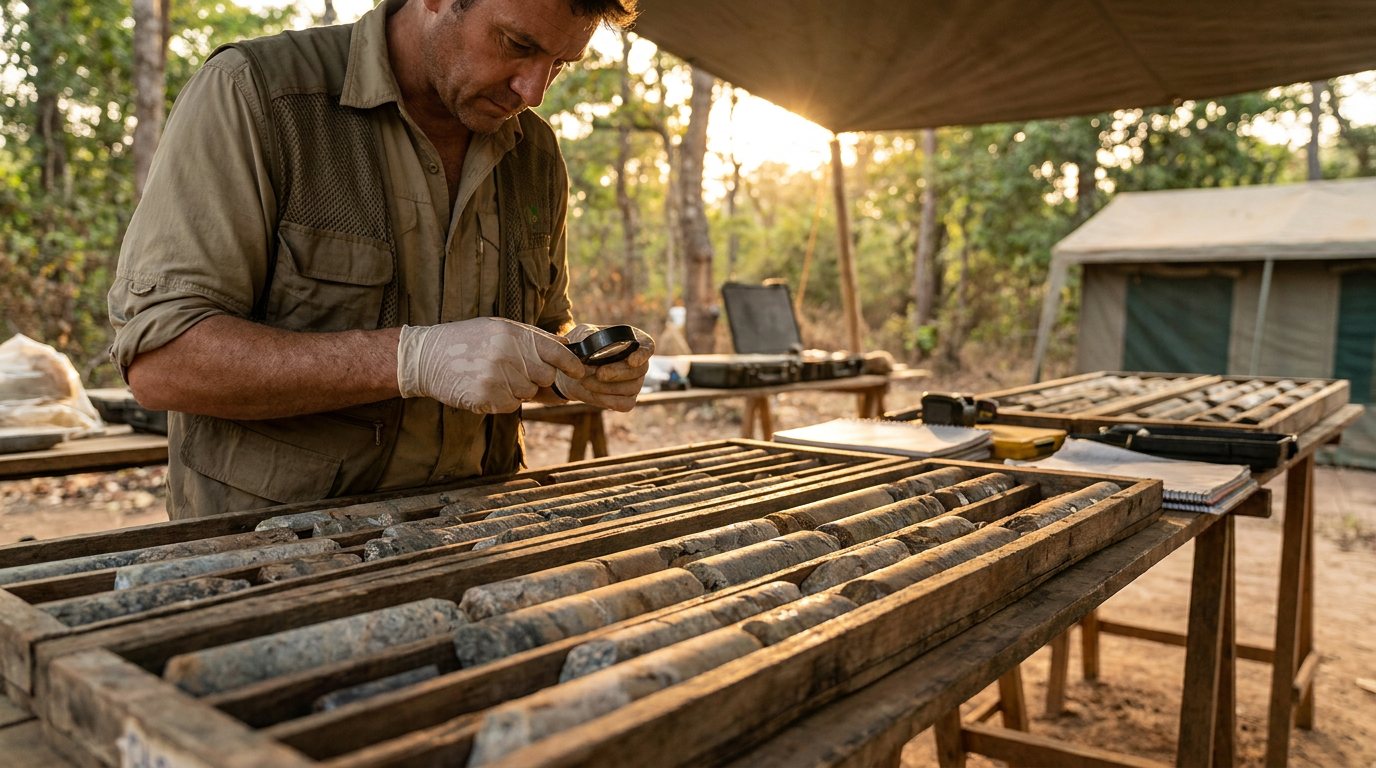 Geologist examining drill core samples