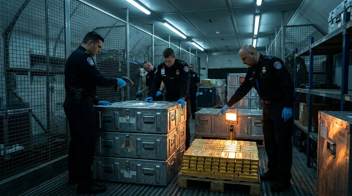 Gold export crates checked in a secure cargo room
