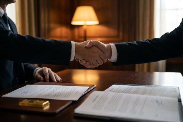Handshake over signed contract papers and a gold bar