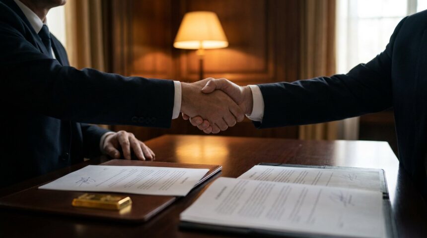 Handshake over signed contract papers and a gold bar