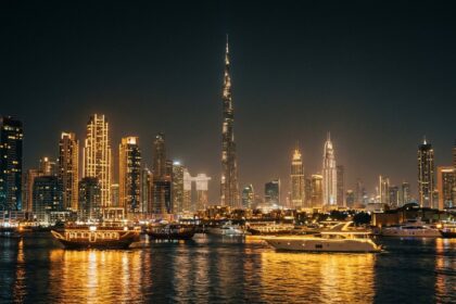 Dubai skyline at night across the water