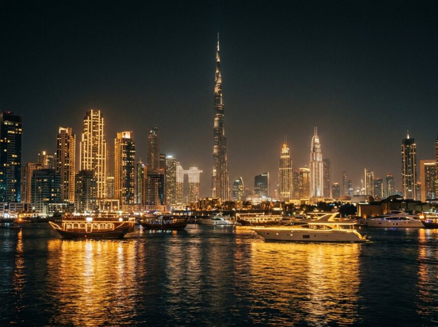 Dubai skyline at night across the water