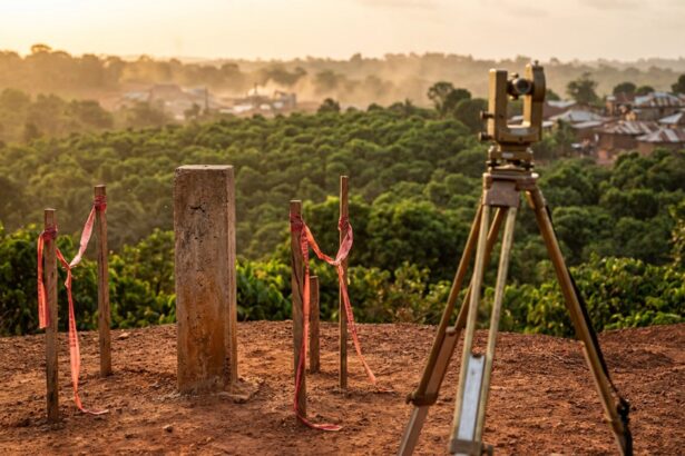 Survey boundary pillar and pegs in red earth, with farms, forest and a distant mining area behind