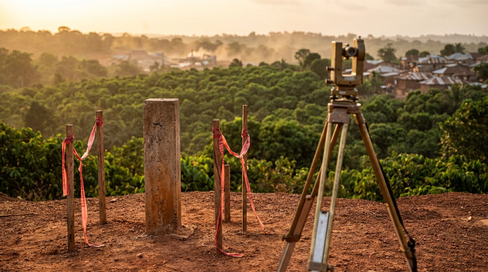 Survey boundary pillar and pegs in red earth, with farms, forest and a distant mining area behind