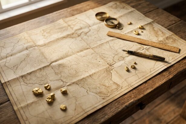 Concession map with compass and gold nuggets