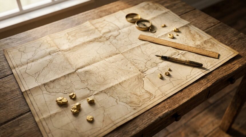 Concession map with compass and gold nuggets