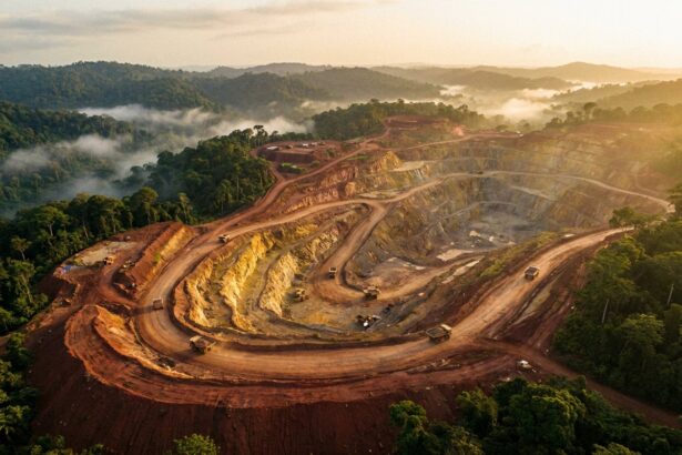 Aerial view of an open-pit gold mine in forested hills
