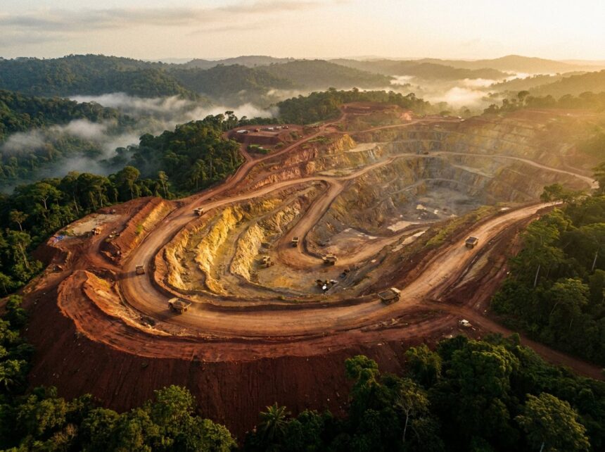 Aerial view of an open-pit gold mine in forested hills