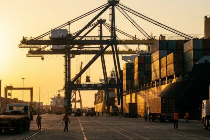 Container port at dawn
