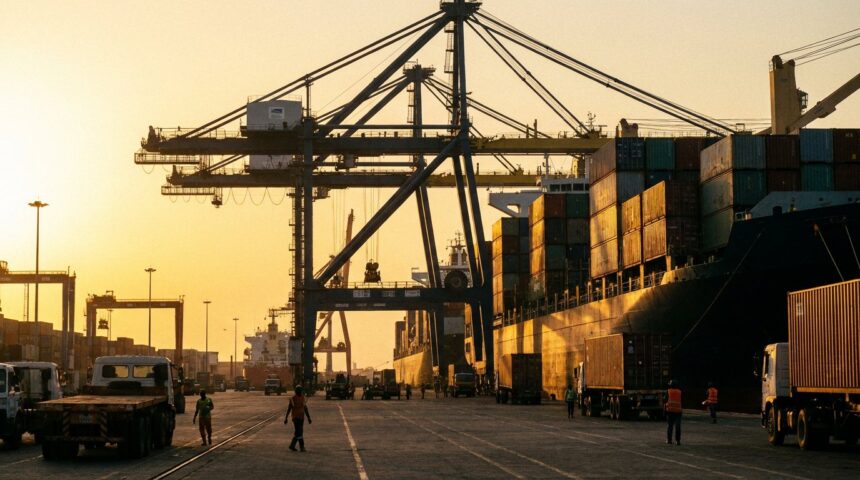 Container port at dawn