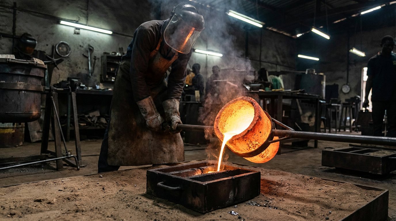 Molten gold poured into an ingot mould