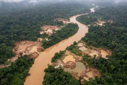 Muddy river through forest with mining pits