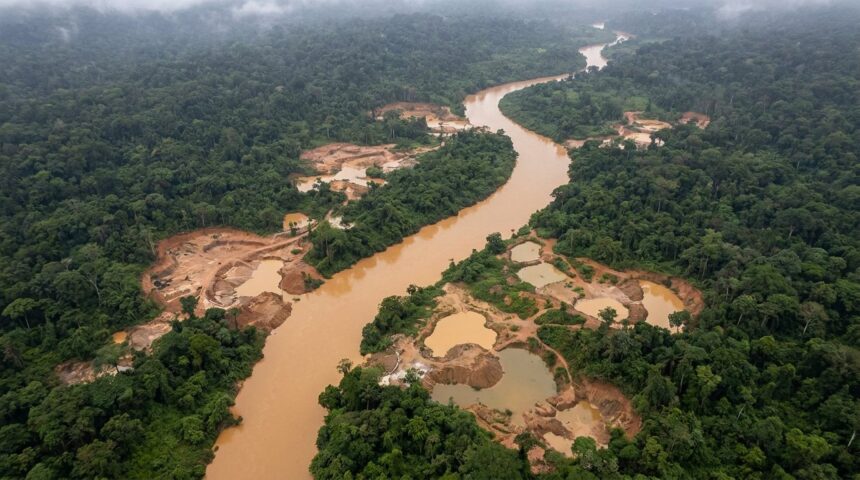 Muddy river through forest with mining pits
