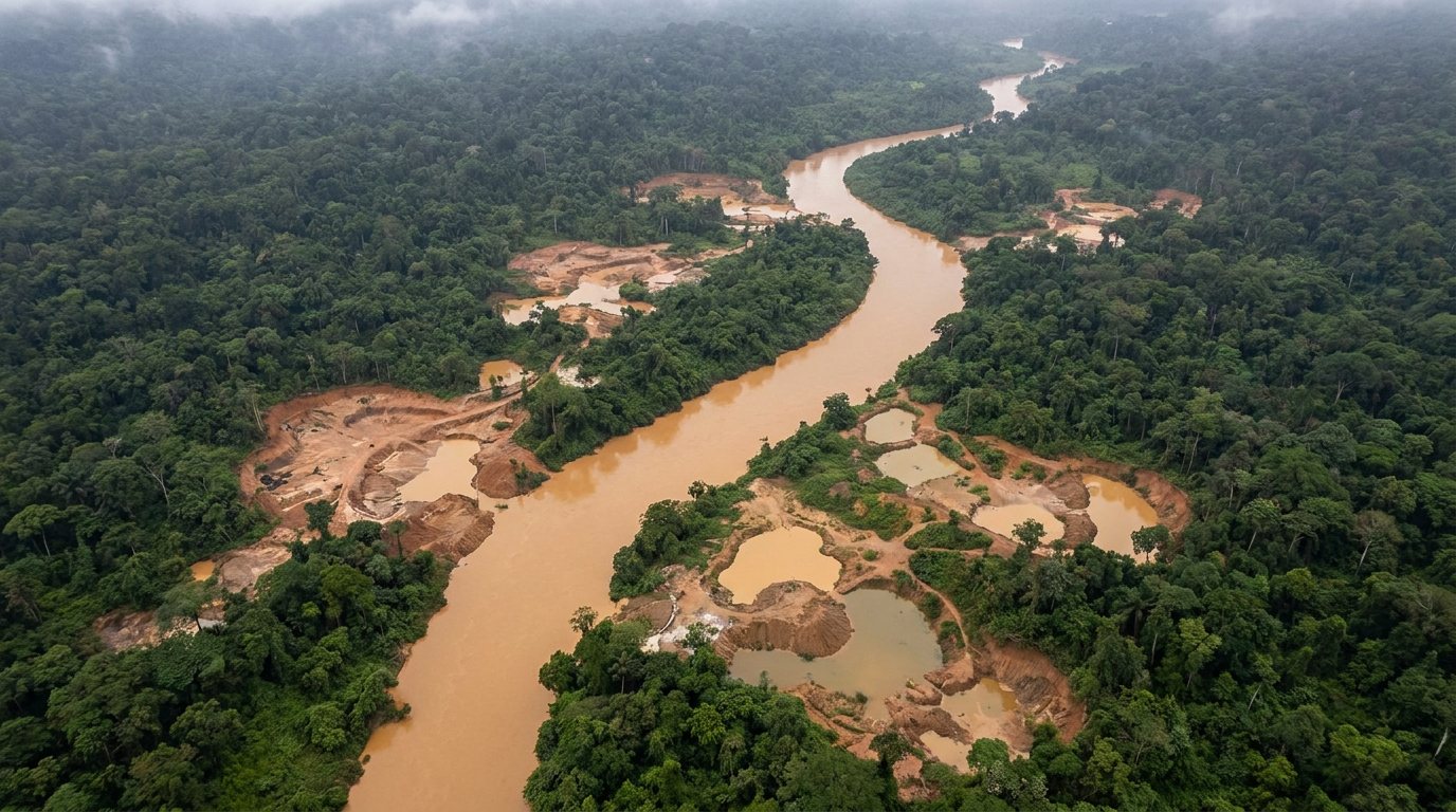 Muddy river through forest with mining pits