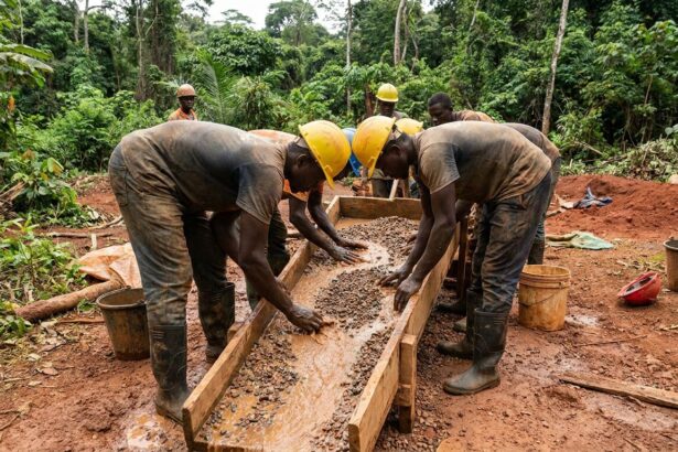 Small-scale miners washing gravel over a sluice
