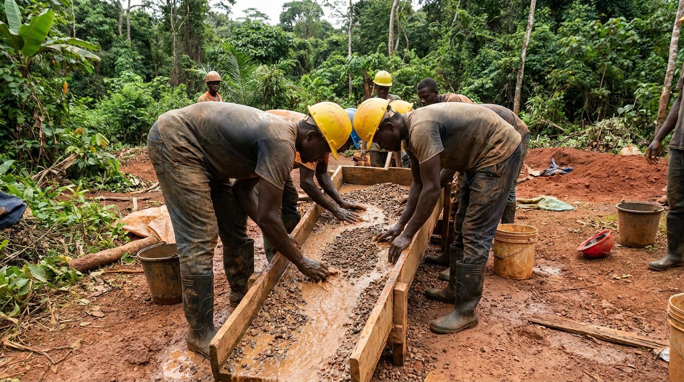 Small-scale miners washing gravel over a sluice