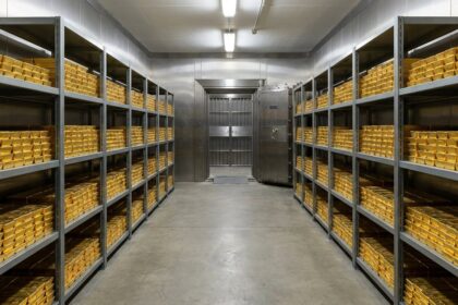Vault corridor with shelves of gold bars