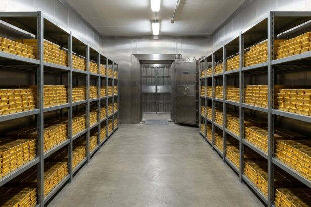 Vault corridor with shelves of gold bars