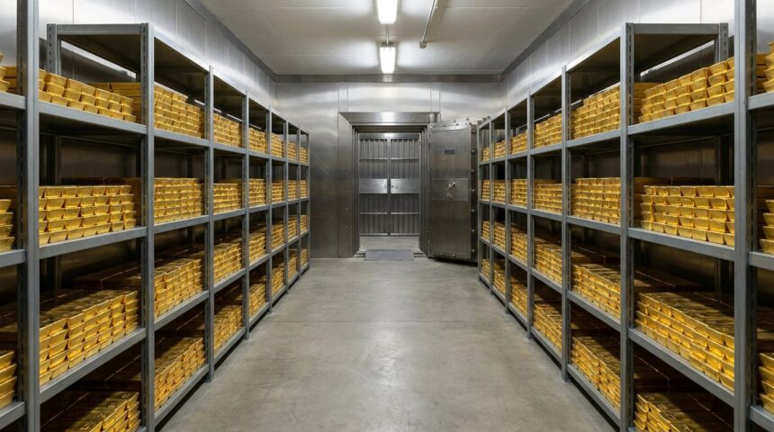 Vault corridor with shelves of gold bars