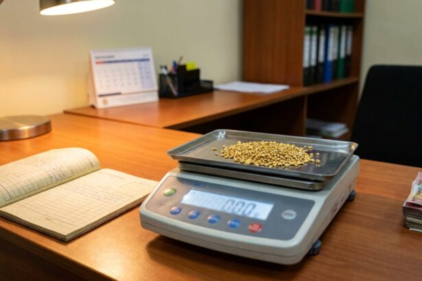 Gold granules weighed at a buying office