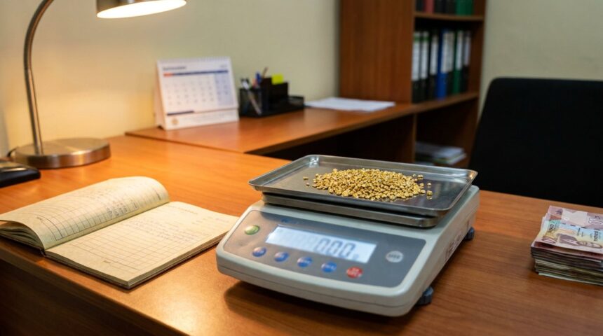 Gold granules weighed at a buying office